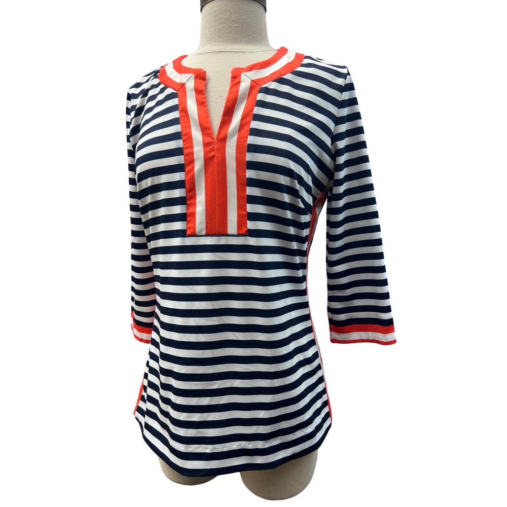 Gretchen Scott Tunic Top Womens S Navy Orange Excellent Striped 3/4 Sleeve